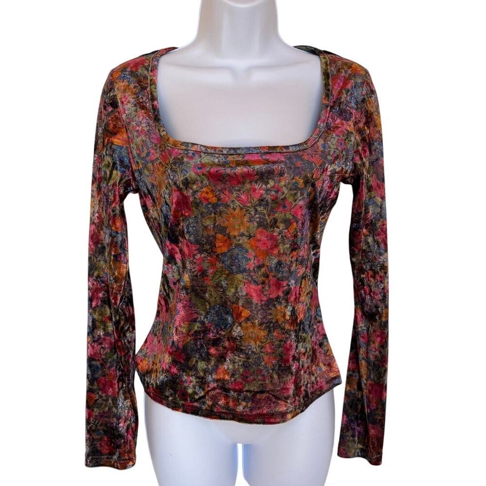 Natural Life Floral Stretch Velvet Colorful Square Neck Top "Danielle" size S - Picture 4 of 10